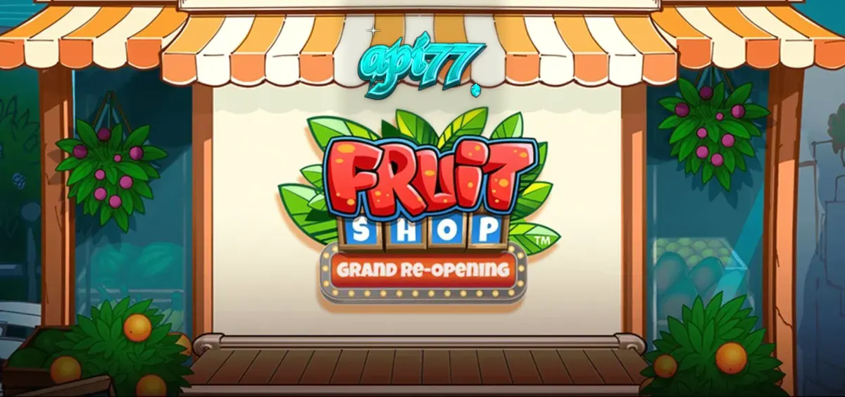 Tampilan visual cerah dan penuh warna dari slot Fruit Shop Grand Re-Opening dengan simbol buah-buahan segar.